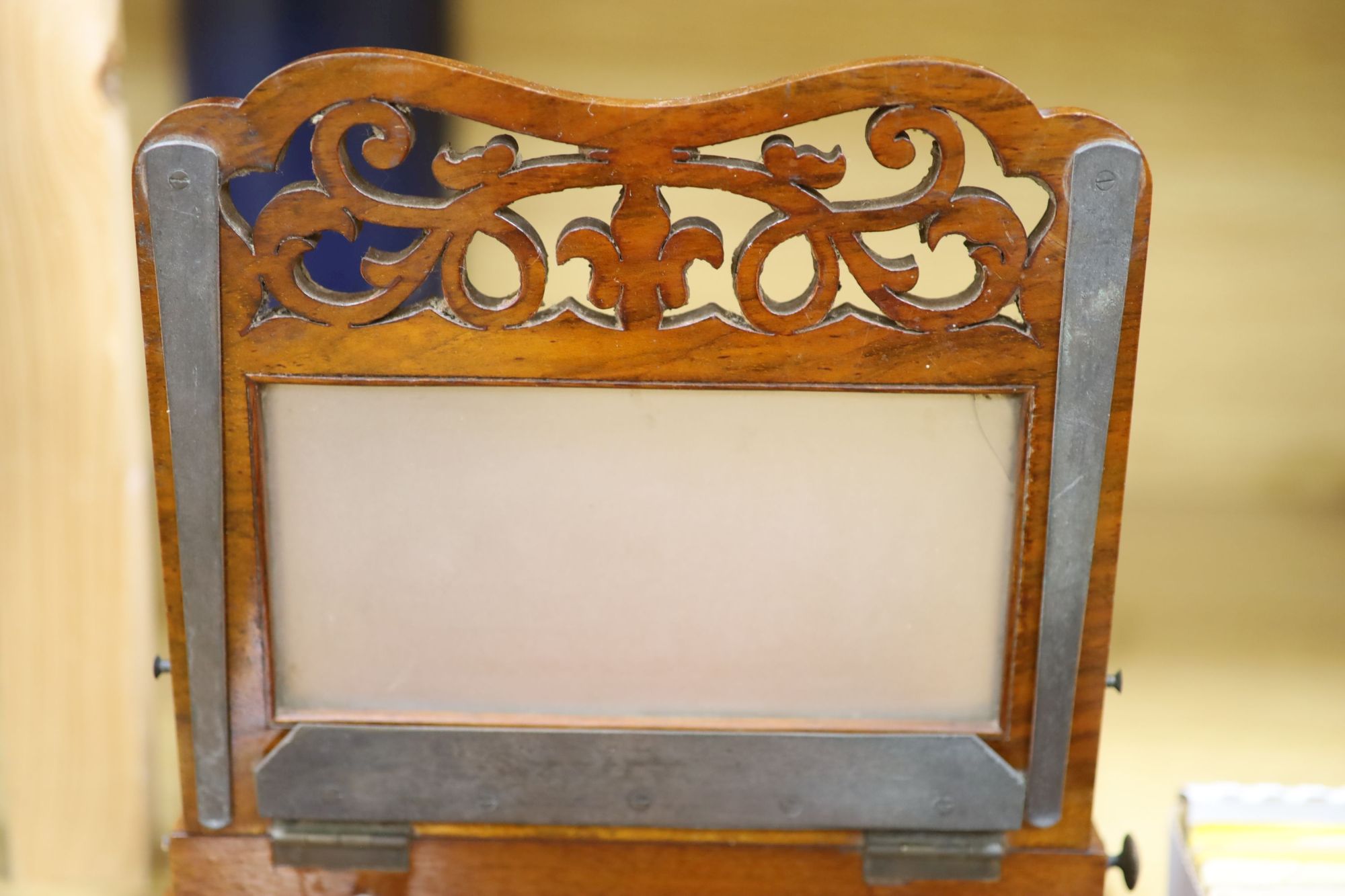 A large Victorian walnut stereoscopic card viewer with slides, Football at Eton etc, length 58cm width 30cm height 28cm